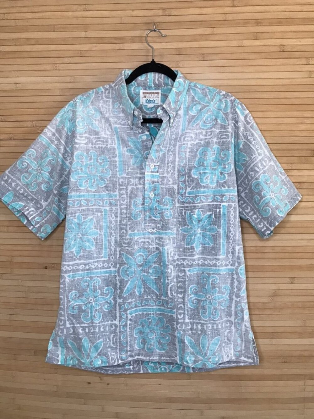 Vintage 70s KAHALA HRH Hawaiian Print Blue Gray Button Shirt M Hawaii pop over - Picture 2 of 6